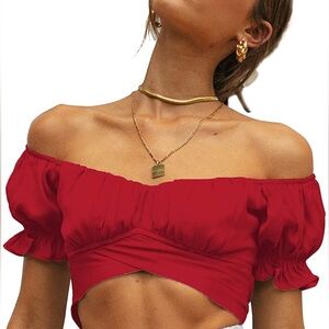 Olivaceous Off The Shoulder Berry PinkCrop Top Ruffle Short Sleeve Cotton Size S